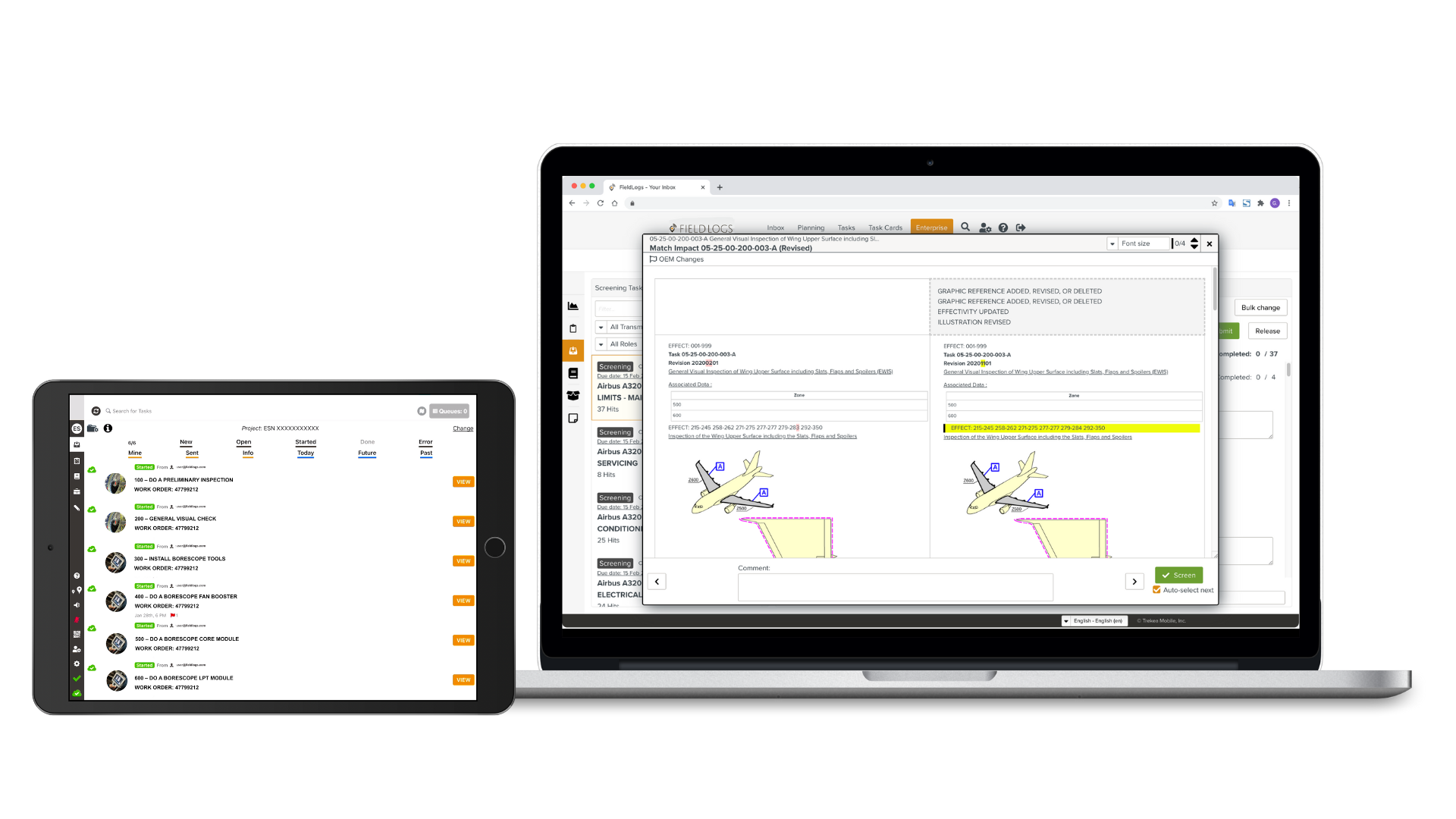 FieldLogs laptop and Ipad screen with task card revision management and task card exceution view respectively.