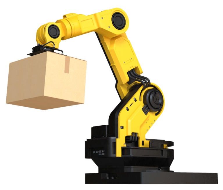 Robotics arm holding a cardboard parcel